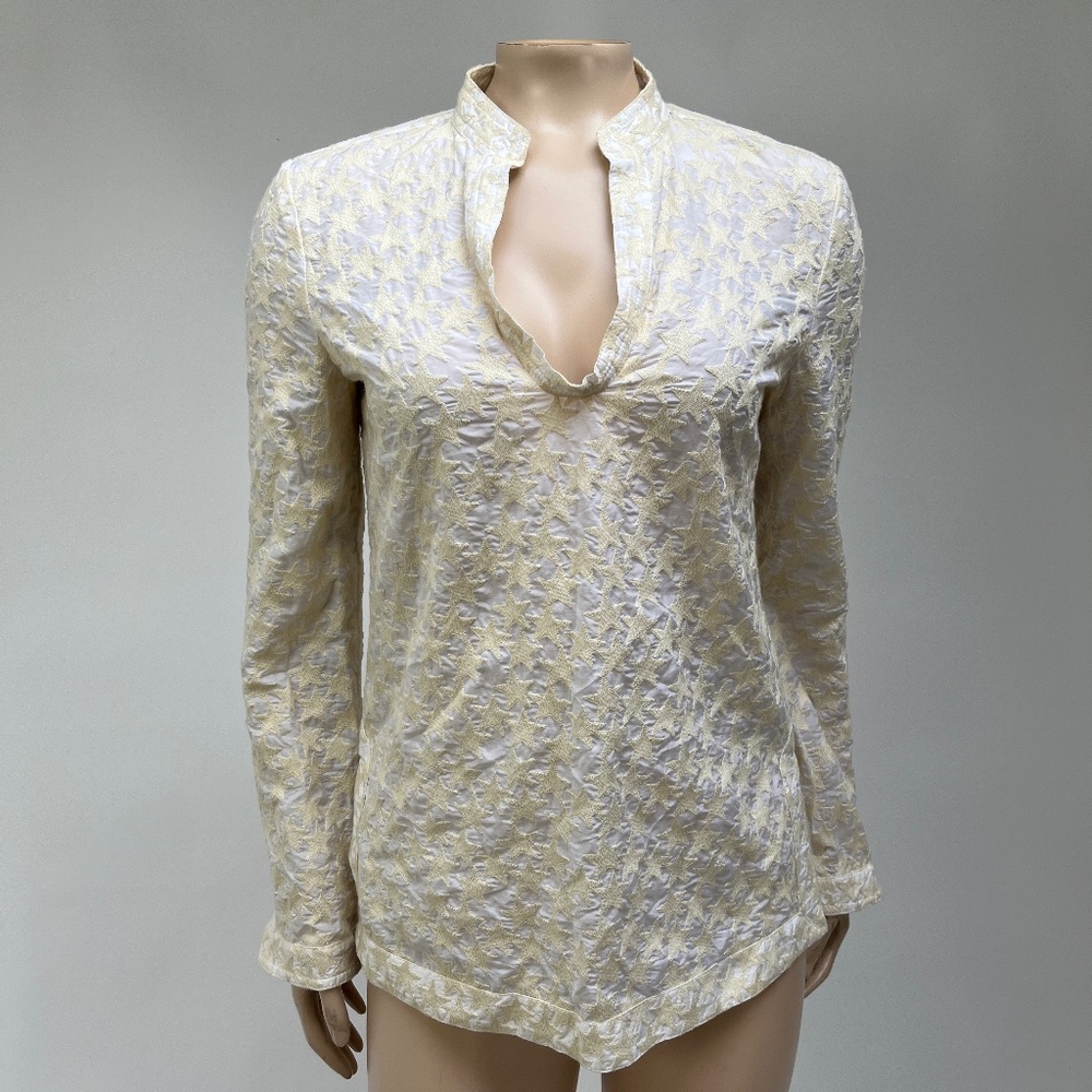 TORY BURCH Women's Shirt 0 Small Blouse Embroidered Stars cream L/S Top GG23